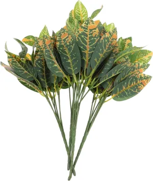 4pcs Artificial Green Orange Croton Plant Faux Tropical Greenery Stems for Home Office Wedding Garden Decor
