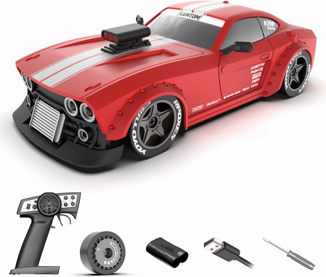 4WD RC Sport Car, 1/32 Scale 2.4G Full-Proportional Control RC Drift Car with Gyro Stabilization & LED Lights, RC Racing Toy for Adults