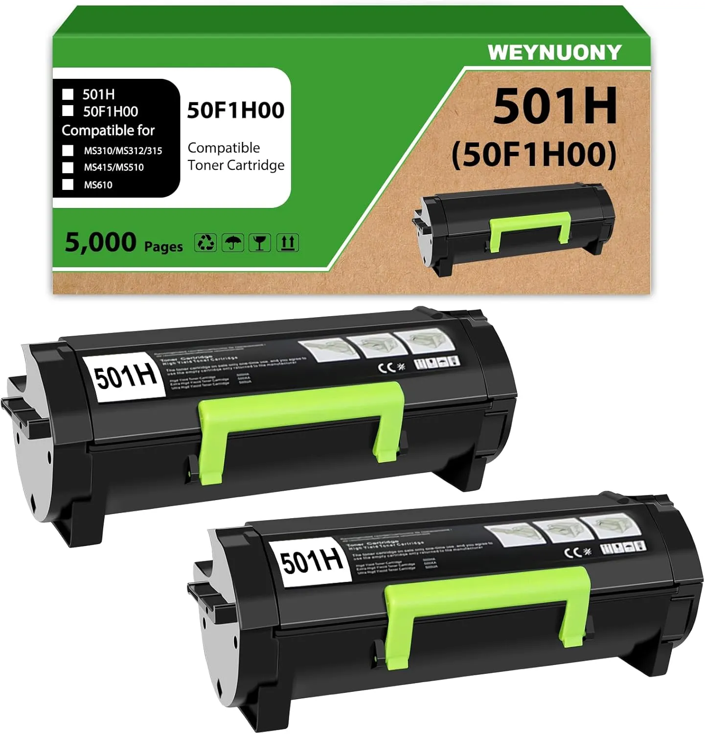 50F1H00 501H Toner Cartridge Compatible Replacement for Lexmark 501H 50F1000 for MS310dn MS312 MS410dn MS510dn MS610dn MS312dn MS315dn MS415dn(5,000 Pages 2 Pack Black)