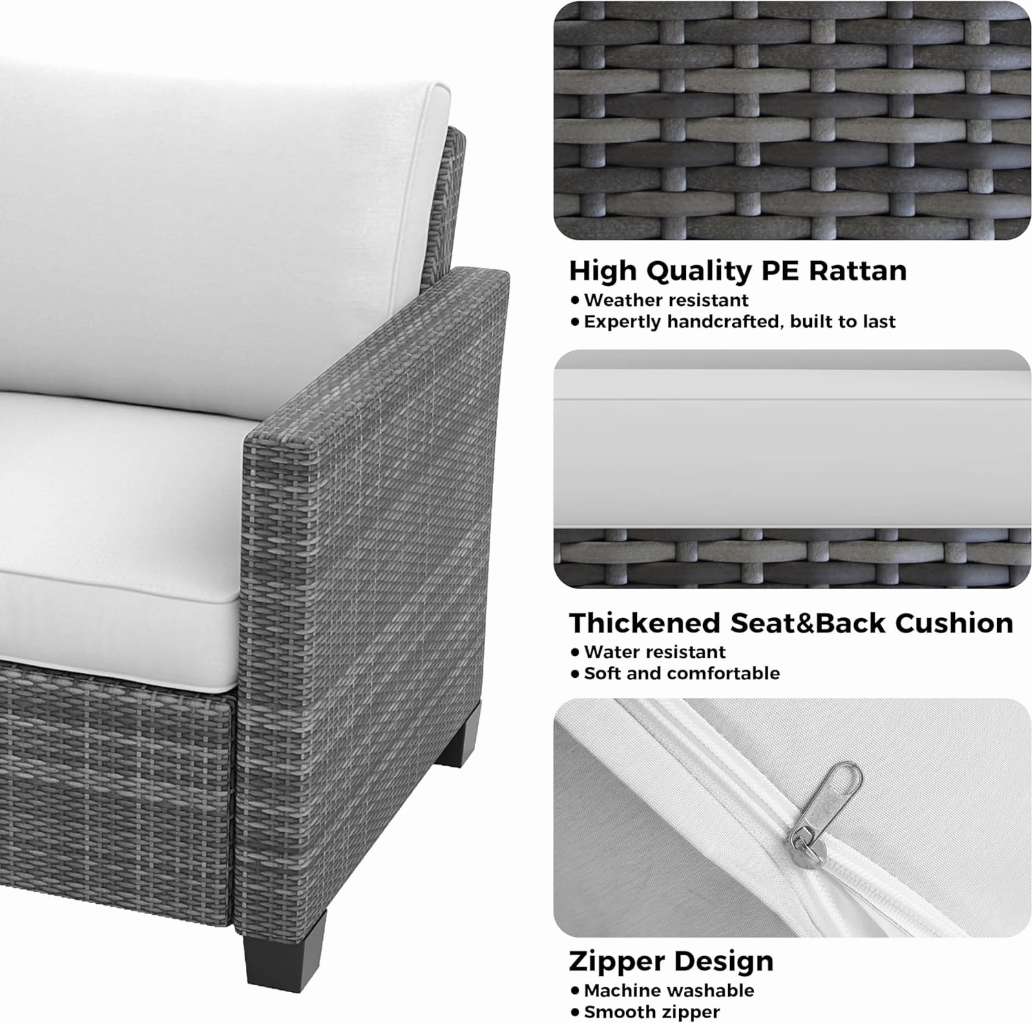 5 Pieces Patio Furniture Set, 7-Seater Rattan Wicker Patio Conversation Sets with Coffee Table, Outdoor Sectional Patio Sofa Set, Grey Rattan and Grey Cushions