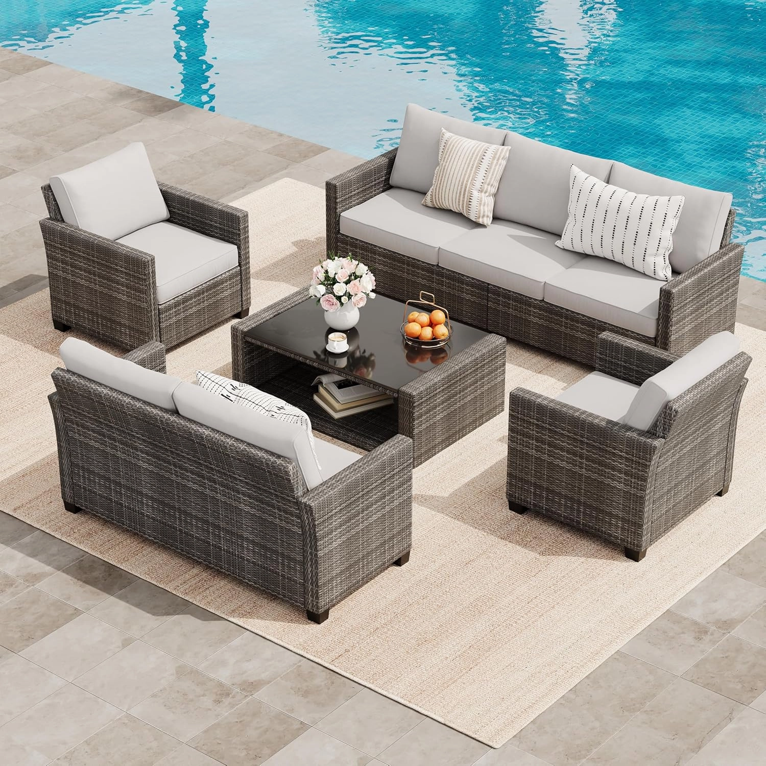 5 Pieces Patio Furniture Set, 7-Seater Rattan Wicker Patio Conversation Sets with Coffee Table, Outdoor Sectional Patio Sofa Set, Grey Rattan and Grey Cushions