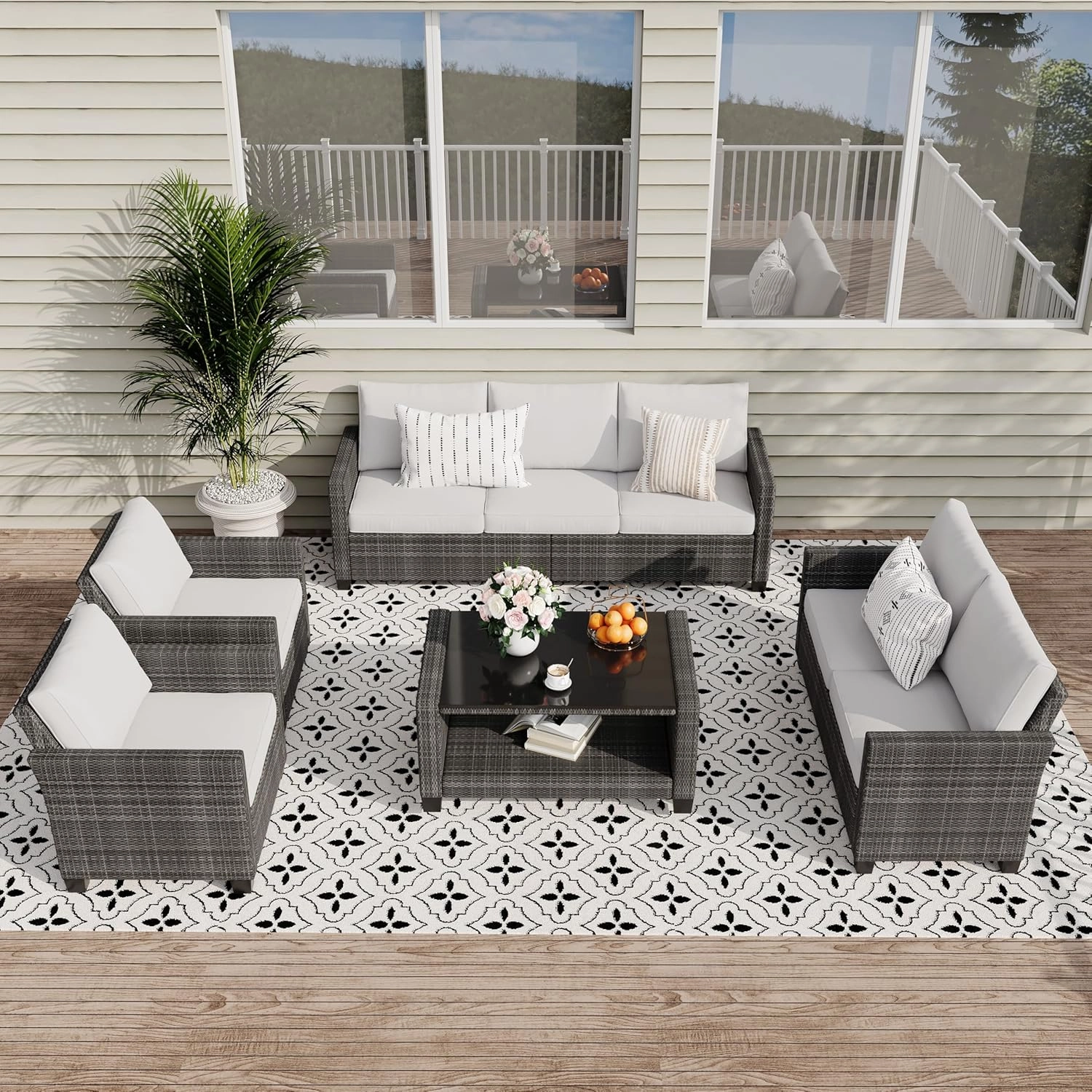 5 Pieces Patio Furniture Set, 7-Seater Rattan Wicker Patio Conversation Sets with Coffee Table, Outdoor Sectional Patio Sofa Set, Grey Rattan and Grey Cushions