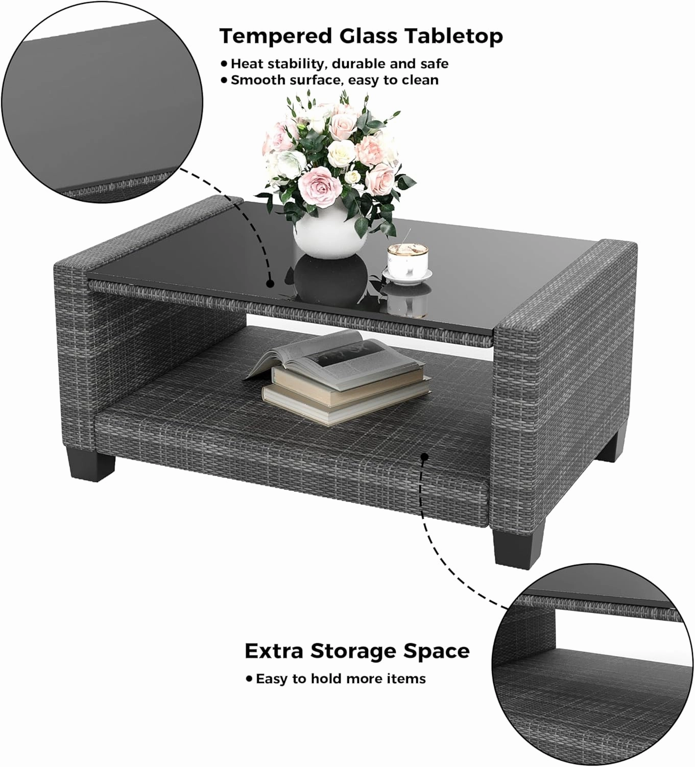 5 Pieces Patio Furniture Set, 7-Seater Rattan Wicker Patio Conversation Sets with Coffee Table, Outdoor Sectional Patio Sofa Set, Grey Rattan and Grey Cushions