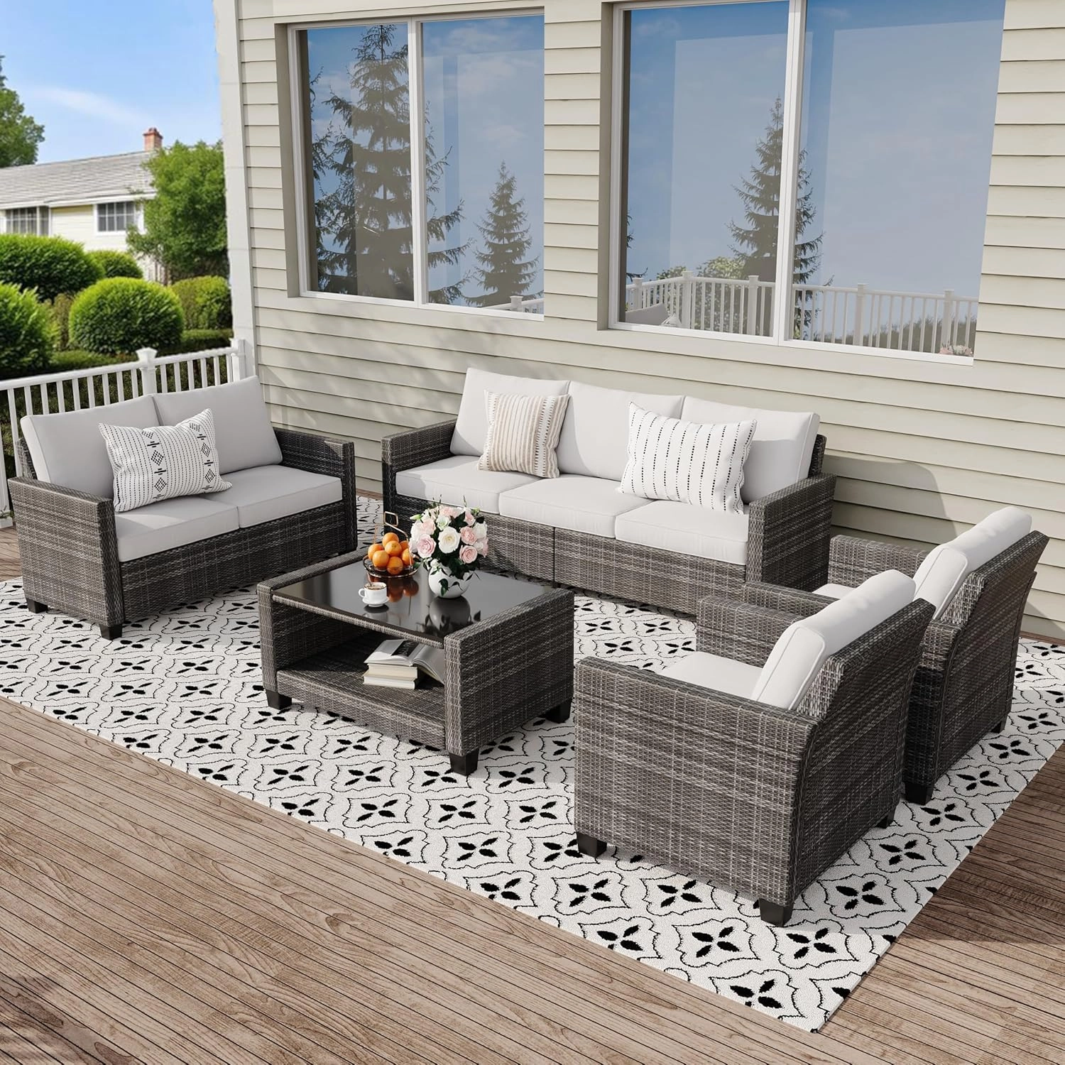 5 Pieces Patio Furniture Set, 7-Seater Rattan Wicker Patio Conversation Sets with Coffee Table, Outdoor Sectional Patio Sofa Set, Grey Rattan and Grey Cushions