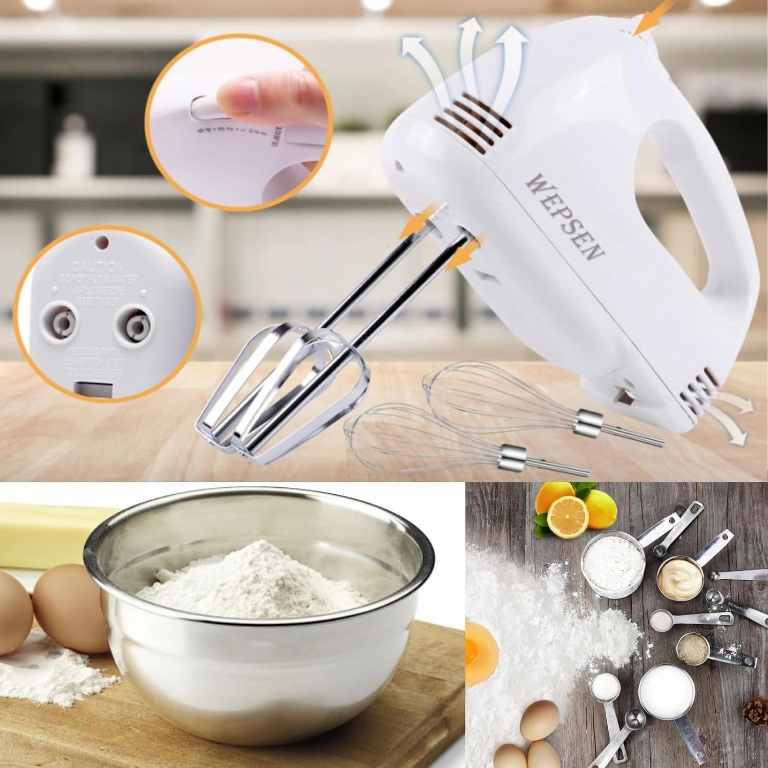5-Speed Electric Hand Mixer, 4 Large Mixing Bowls Set, Handheld Mixers with Whisks Beater, Stainless Steel Metal Nesting Bowl Measuring Cups Spoons Kitchen Cake Blender for Baking Supplies