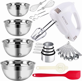 5-Speed Electric Hand Mixer, 4 Large Mixing Bowls Set, Handheld Mixers with Whisks Beater, Stainless Steel Metal Nesting Bowl Measuring Cups Spoons Kitchen Cake Blender for Baking Supplies
