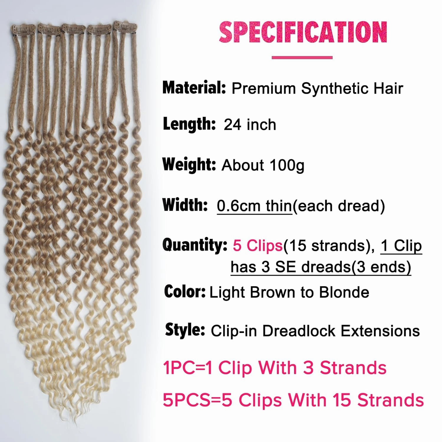 5PCS Curly Dreadlock Extensions Clip In, 24 Inches Brown to Blonde Synthetic Single Ended Curly Wavy Dreads Extensions, Clip In Handmade Dreads Hippie Style Dreadlocks for Woman