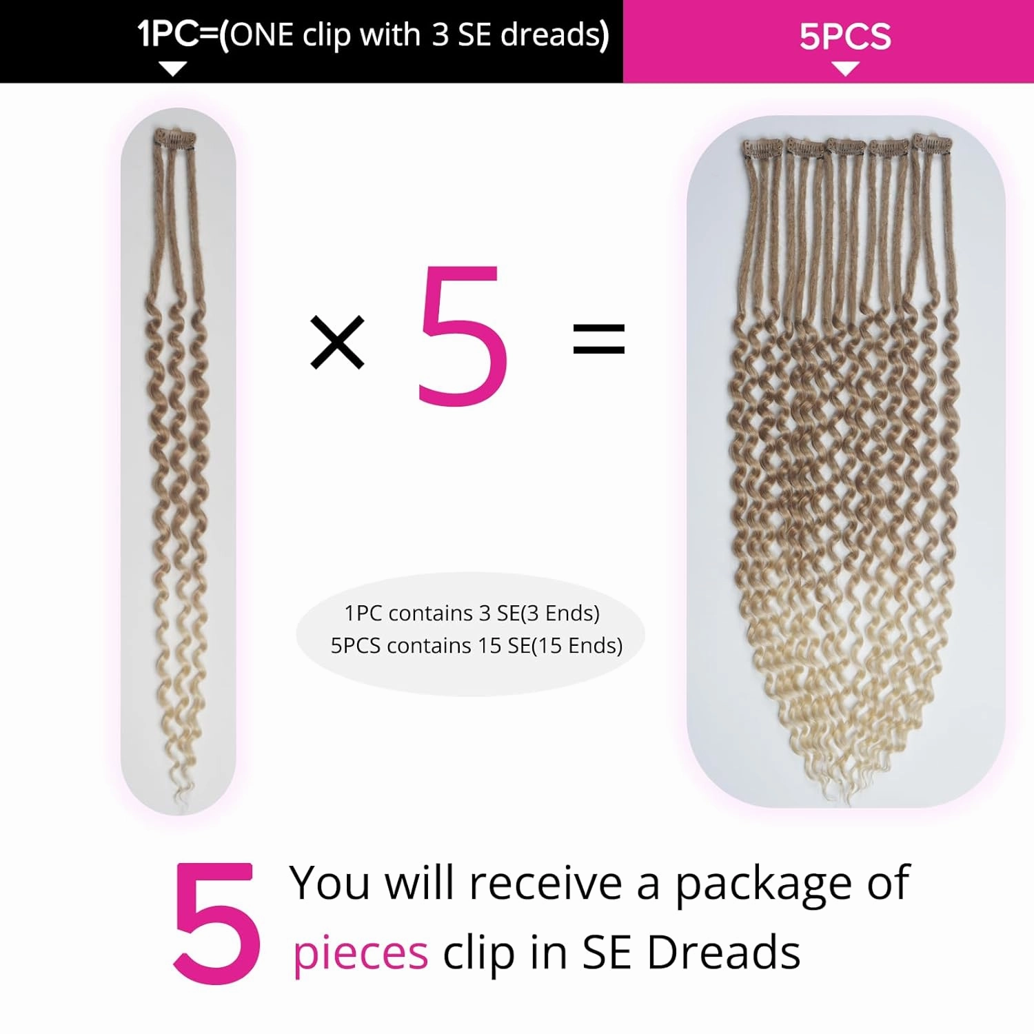 5PCS Curly Dreadlock Extensions Clip In, 24 Inches Brown to Blonde Synthetic Single Ended Curly Wavy Dreads Extensions, Clip In Handmade Dreads Hippie Style Dreadlocks for Woman