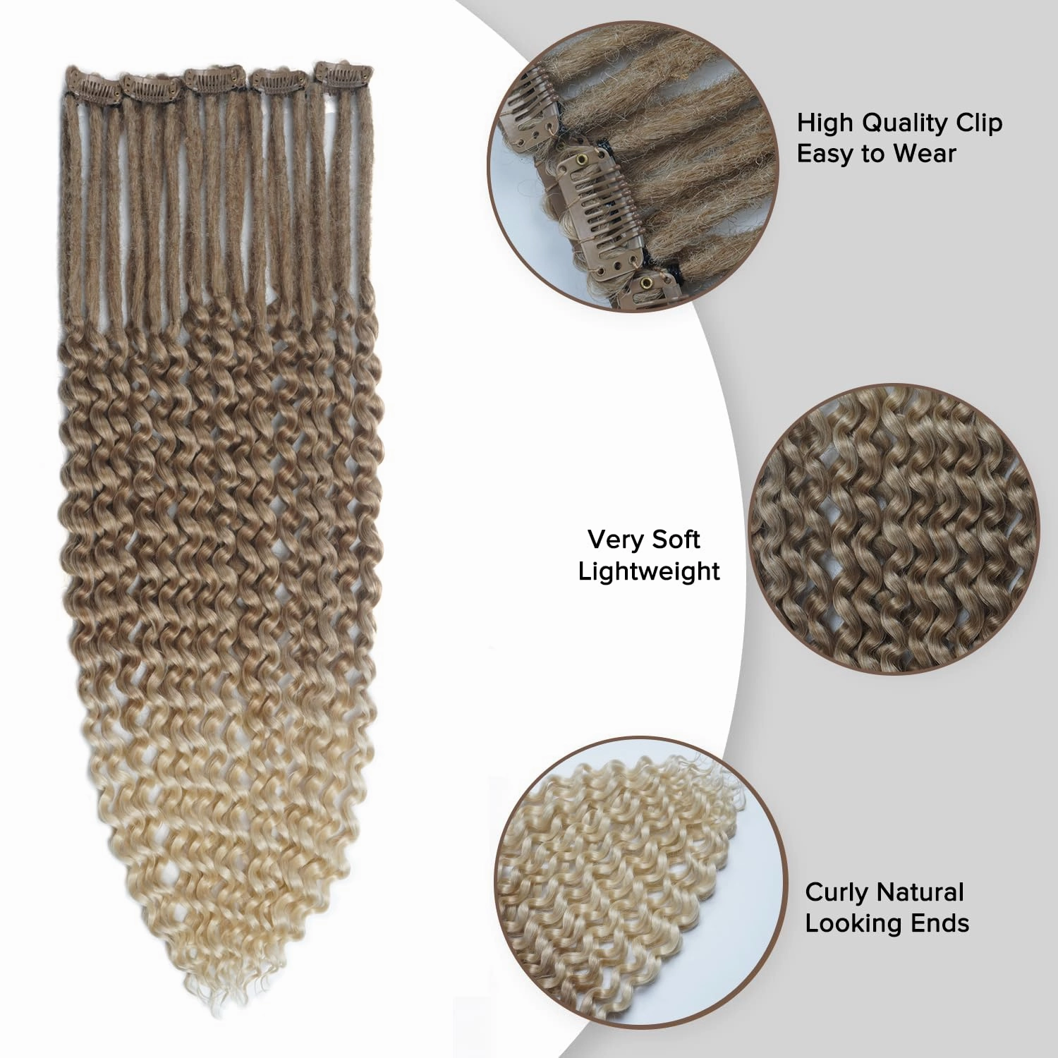 5PCS Curly Dreadlock Extensions Clip In, 24 Inches Brown to Blonde Synthetic Single Ended Curly Wavy Dreads Extensions, Clip In Handmade Dreads Hippie Style Dreadlocks for Woman