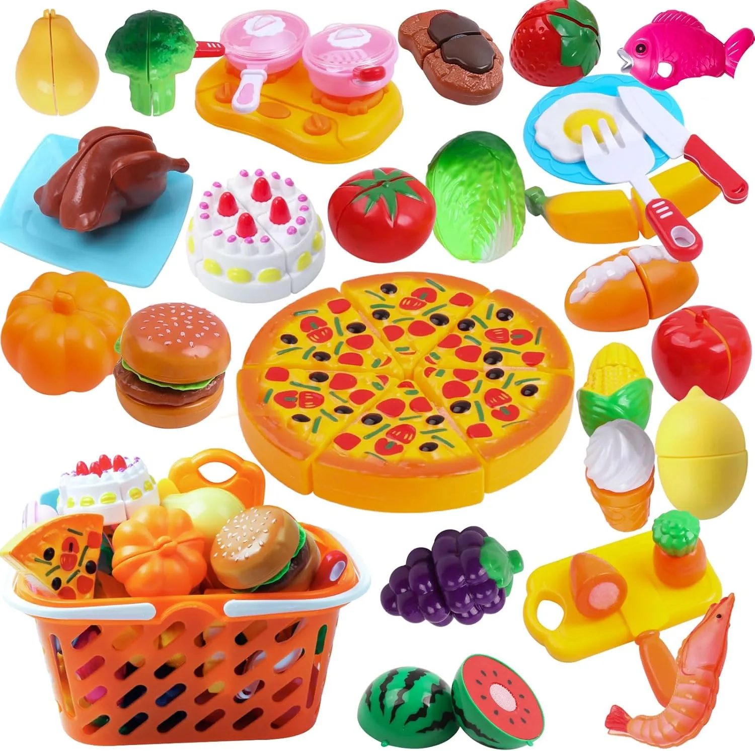 66Pcs Play Food Cutting Set, Pretend Play Food Set for Kids Kitchen, Cutting Fruits and Vegetable Toys, Early Development Education Toys, Christmas and Birthday Gifts for Girls and Boys