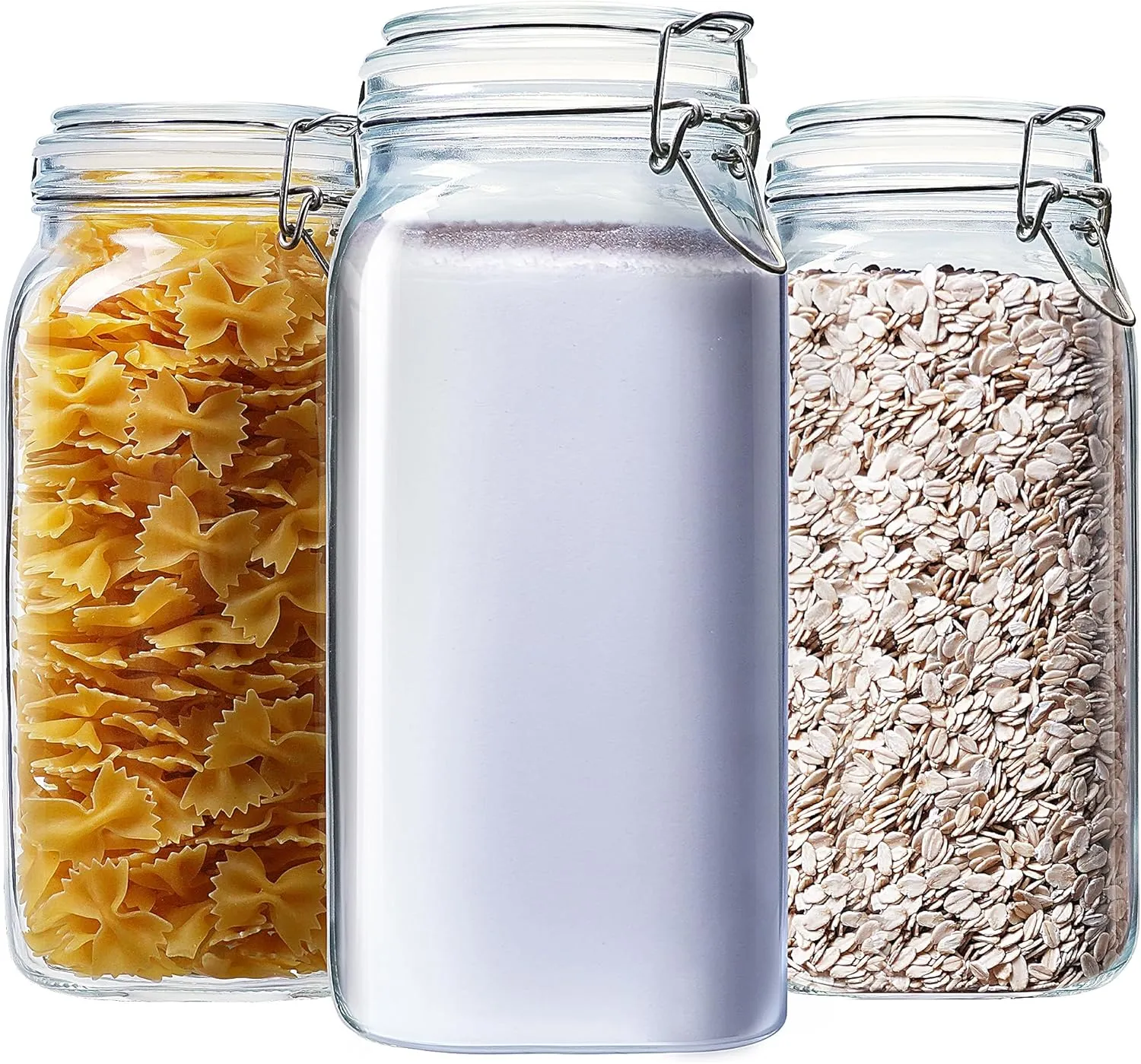78oz - 3 Pack Square Glass Jars with Airtight Lid, Wide Mouth Mason Jars with Clamp Lids, Air Tight Glass Canisters, Best Food Storage Containers for Flour, Sugar, Cereal, Pasta, Rice, Coffee, Spice