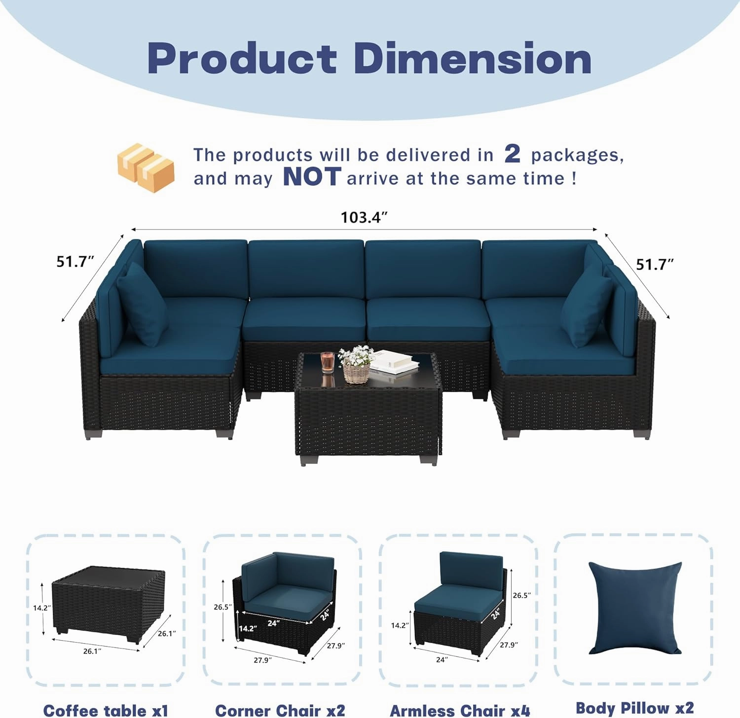 7 Piece Outdoor Patio Furniture Set, Outdoor Sectional Furniture, Rattan Chairs Glass Table Wicker Conversation Seating Sectional Sofa with Cushions (A-Black-Blue, A-Straight Back)