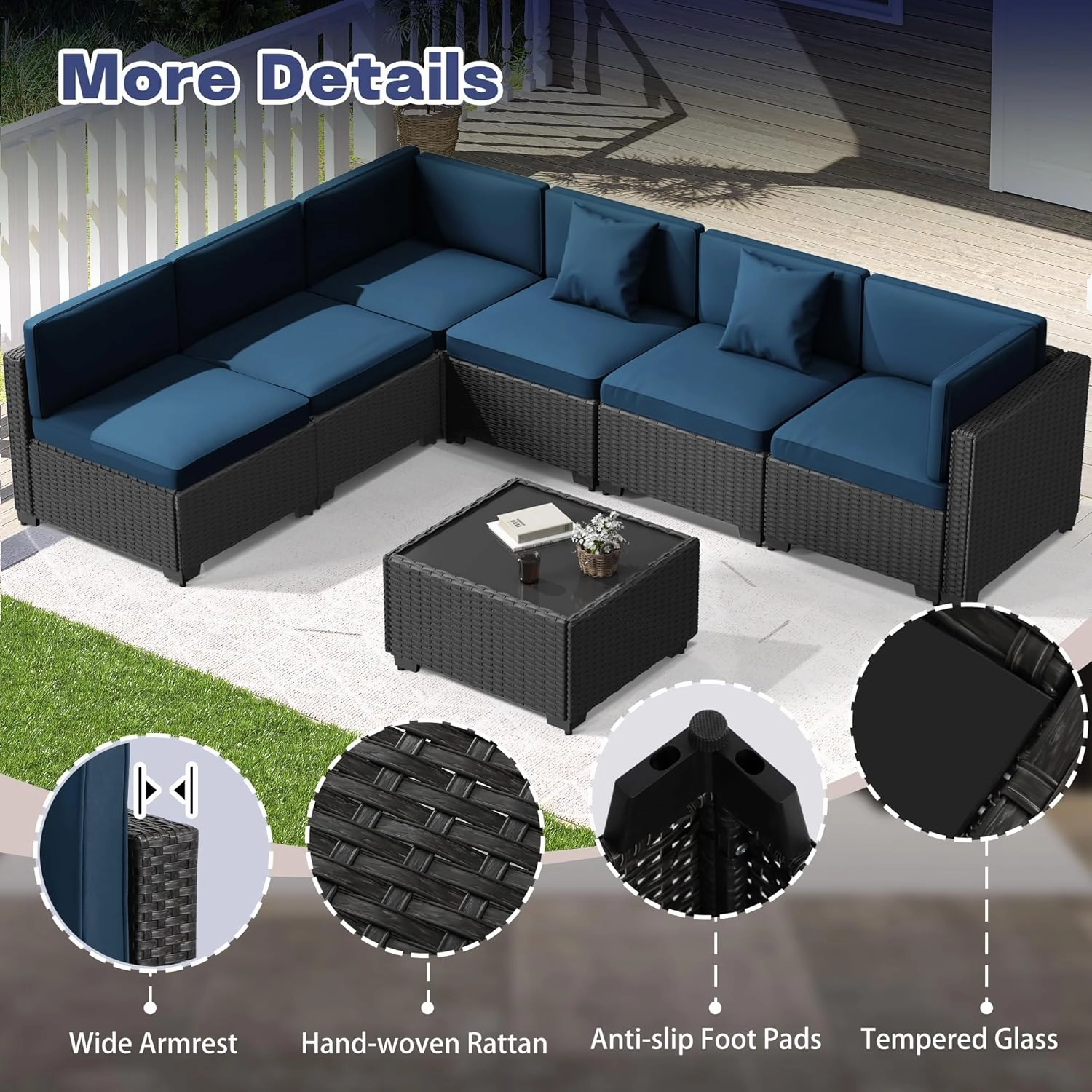 7 Piece Outdoor Patio Furniture Set, Outdoor Sectional Furniture, Rattan Chairs Glass Table Wicker Conversation Seating Sectional Sofa with Cushions (A-Black-Blue, A-Straight Back)