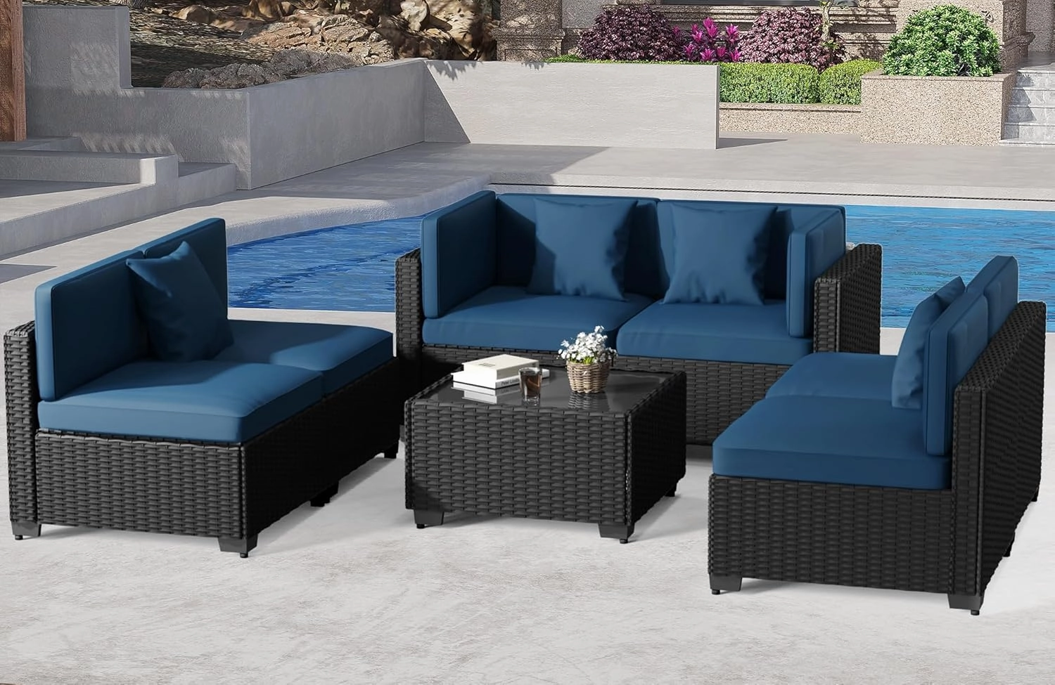7 Piece Outdoor Patio Furniture Set, Outdoor Sectional Furniture, Rattan Chairs Glass Table Wicker Conversation Seating Sectional Sofa with Cushions (A-Black-Blue, A-Straight Back)
