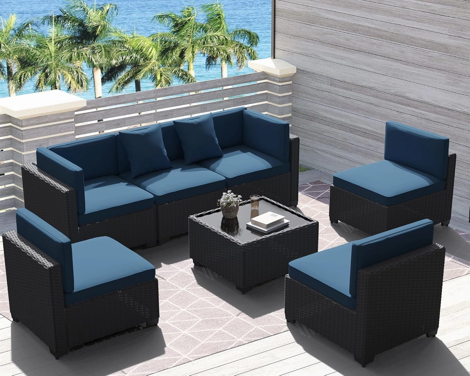 7 Piece Outdoor Patio Furniture Set, Outdoor Sectional Furniture, Rattan Chairs Glass Table Wicker Conversation Seating Sectional Sofa with Cushions (A-Black-Blue, A-Straight Back)