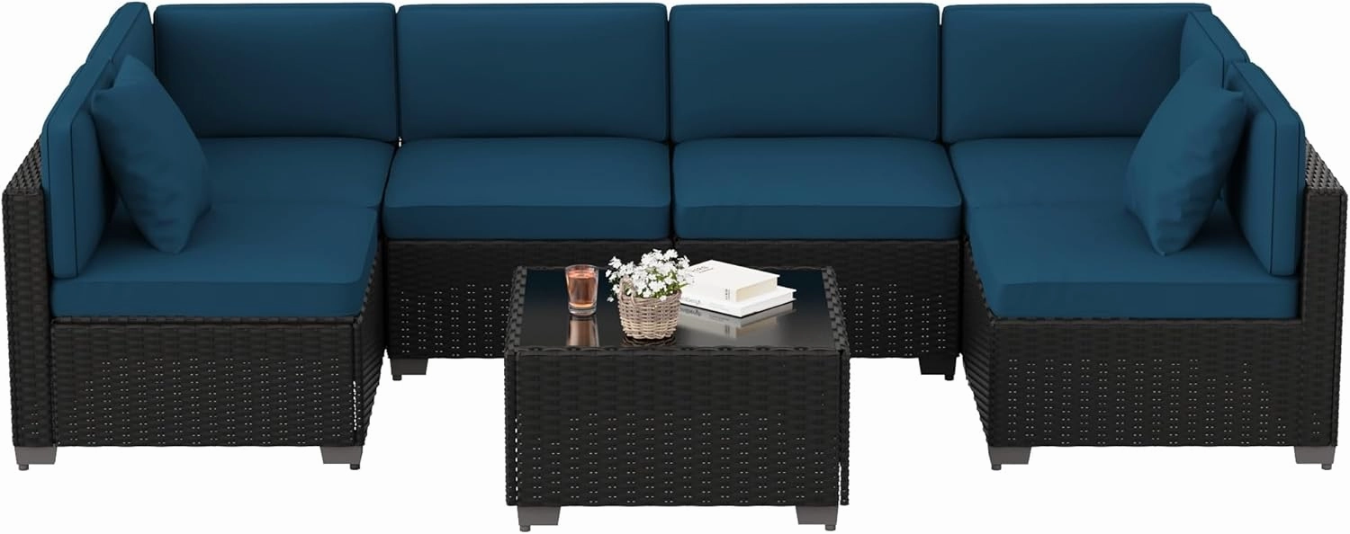 7 Piece Outdoor Patio Furniture Set, Outdoor Sectional Furniture, Rattan Chairs Glass Table Wicker Conversation Seating Sectional Sofa with Cushions (A-Black-Blue, A-Straight Back)