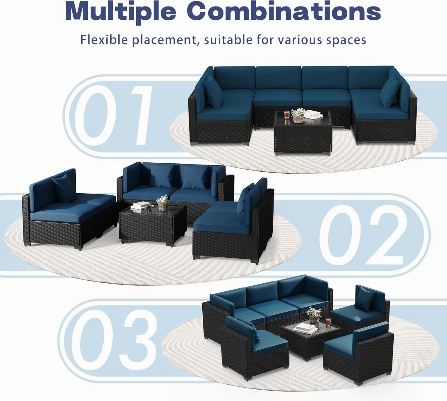7 Piece Outdoor Patio Furniture Set, Outdoor Sectional Furniture, Rattan Chairs Glass Table Wicker Conversation Seating Sectional Sofa with Cushions (A-Black-Blue, A-Straight Back)