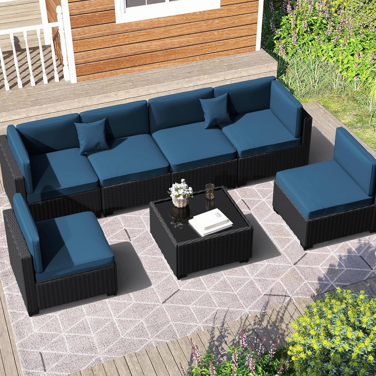 7 Piece Outdoor Patio Furniture Set, Outdoor Sectional Furniture, Rattan Chairs Glass Table Wicker Conversation Seating Sectional Sofa with Cushions (A-Black-Blue, A-Straight Back)