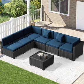 7 Piece Outdoor Patio Furniture Set, Outdoor Sectional Furniture, Rattan Chairs Glass Table Wicker Conversation Seating Sectional Sofa with Cushions (A-Black-Blue, A-Straight Back)