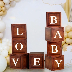 8 Pcs Wood Grain Print Baby Balloon Boxes, Brown Blocks with 99 Letters and 20 Numbers for Woodland Baby Shower Rustic Wedding Birthday Party Decorations Supplies