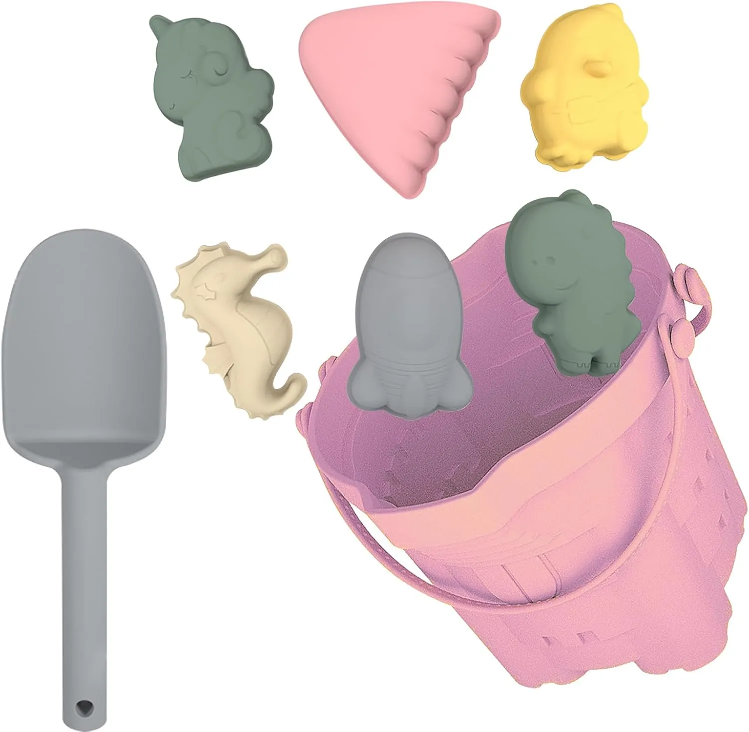 8Pcs Beach Toy Set, BPA-Free, Food-Grade Silicone, Colourful, Travel Holiday Fun Summer Outdoor Toys for Kids Children Boys Girls Sand Castle Building with Bucket, Shovel, Sand Molds(A)