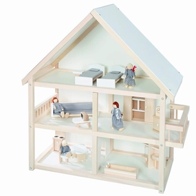 9457BC Doll's House with Furniture and Dolls, Girls Toy, Natural Wood
