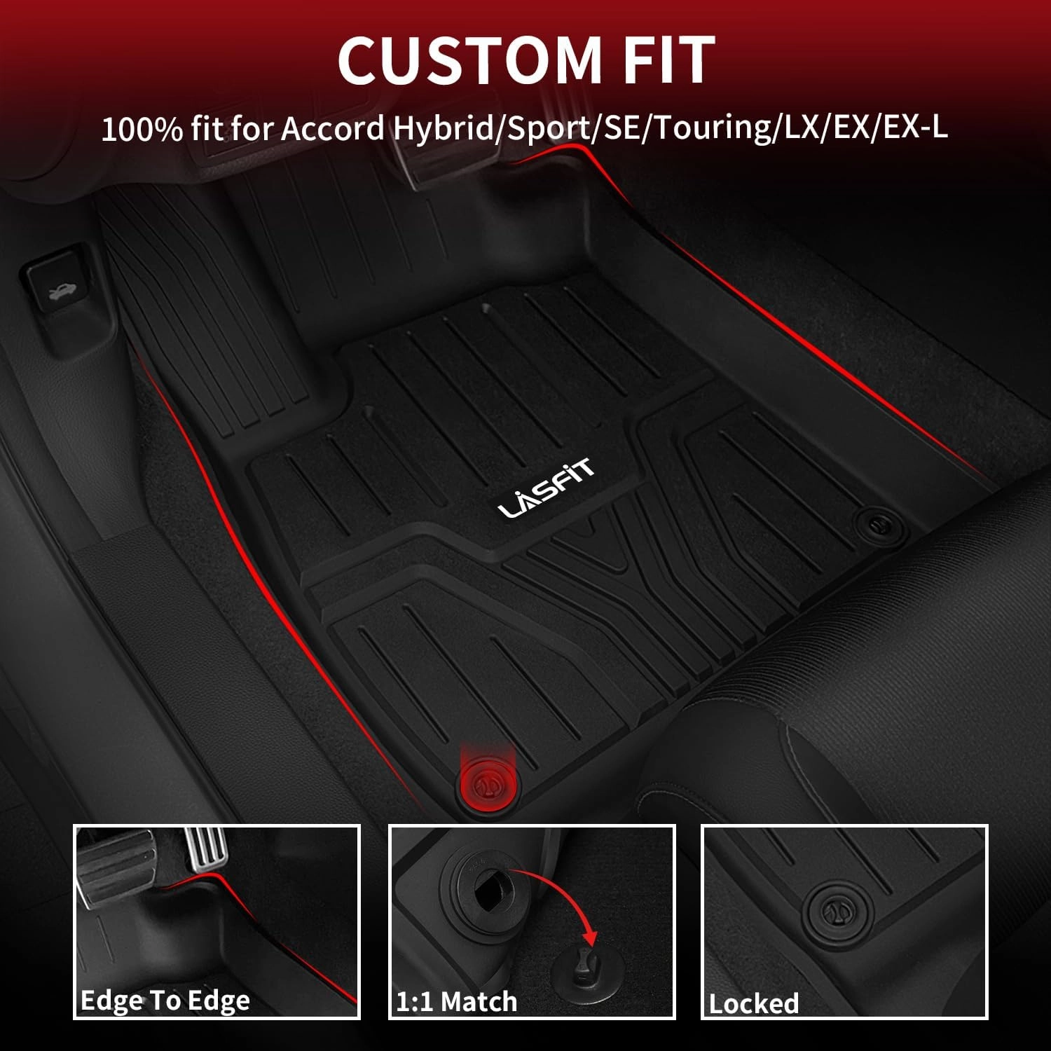 【Frequently Keep】 LASFIT Floor Mats for Honda Accord Sedan 2018 2019 2020 2021 2022 (Include Hybrid Models), All Weather TPE Custom Fit Floor Liners,1st and 2nd Row, Black