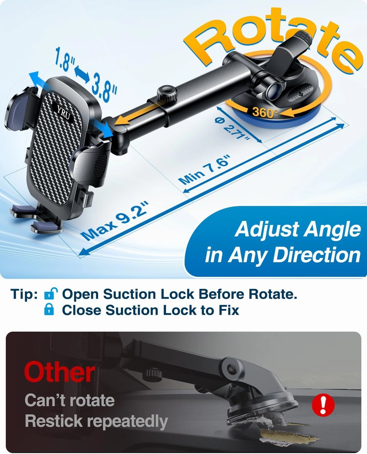 [True Military-Grade & 360 Degrees Rotatable Suction] 2025 YRU Ultimate Car Phone Holder Mount 【90 LBS Safest Strongest & Patent Certs】Dashboard Windshield Vent for iPhone 16 15 Pro Max Samsung, Black