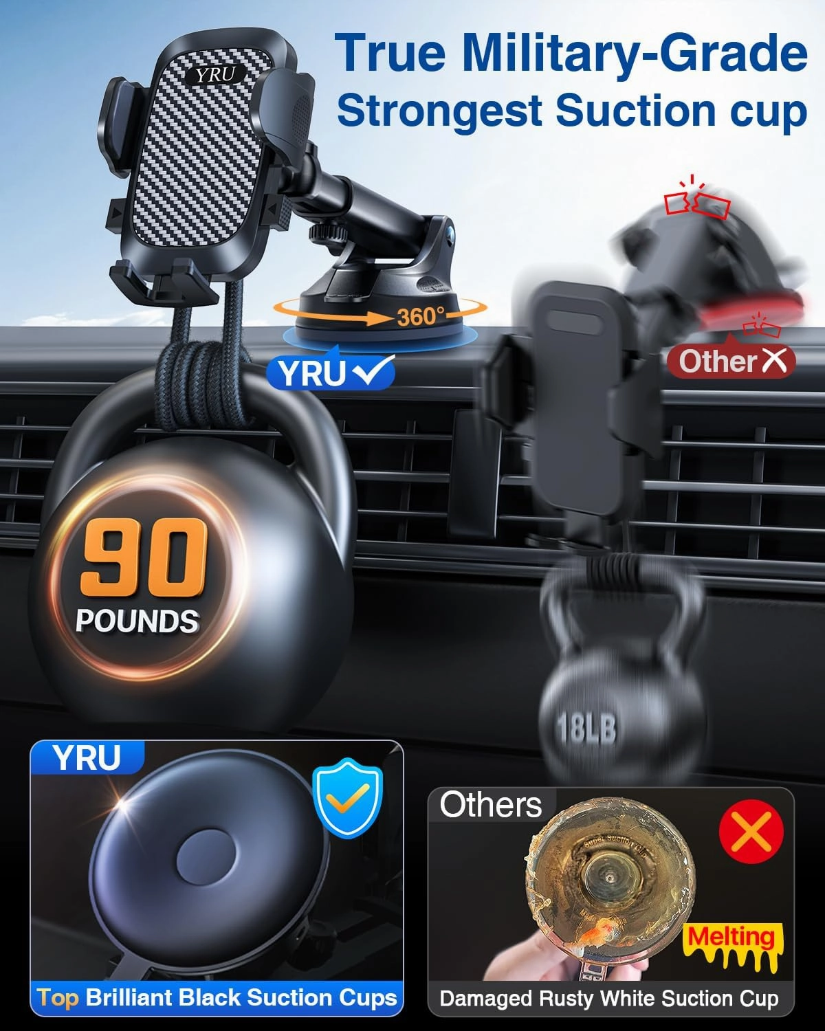 [True Military-Grade & 360 Degrees Rotatable Suction] 2025 YRU Ultimate Car Phone Holder Mount 【90 LBS Safest Strongest & Patent Certs】Dashboard Windshield Vent for iPhone 16 15 Pro Max Samsung, Black