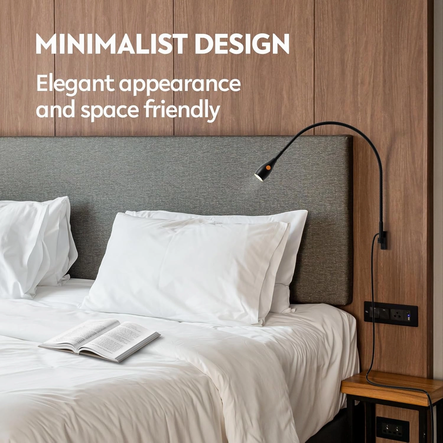 acegoo Wall Mounted Minimalist Bedside Reading Light, Wooden Headboard Mount Flexible Gooseneck Book Light, Handy Lamp Head Switch, CRI 98  4000K LED, Powered by USB