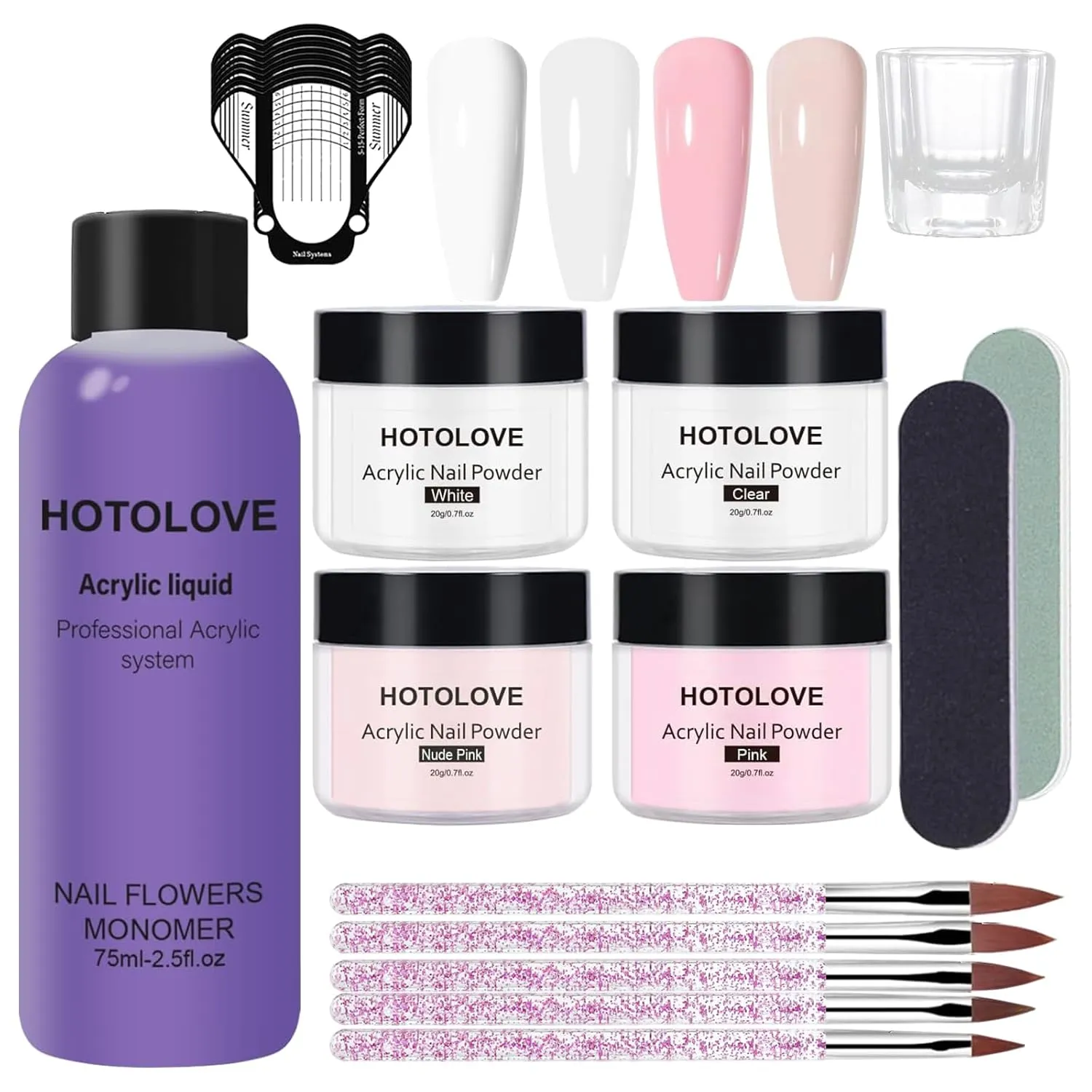 Acrylic Nail Kit, 75ml Acrylic Liquid Monomer with 4 Colors Powder and 5PCS Nail Brush for Nail Extension Carving Manicure French Fake Tips Art for Home DIY Salon