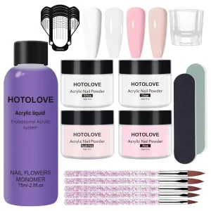 Acrylic Nail Kit, 75ml Acrylic Liquid Monomer with 4 Colors Powder and 5PCS Nail Brush for Nail Extension Carving Manicure French Fake Tips Art for Home DIY Salon