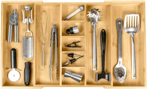 Adjustable Kitchen Drawer Organizer for Utensils and Junk, Food-Safe Contract Grade with 100% Sustainable Wood, Expandable from 16 to 28 Inches Wide - Natural Bamboo