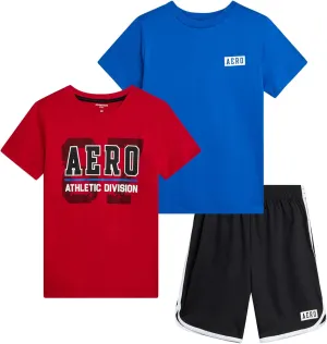 AEROPOSTALE Boys Active Shorts Set - 3 Piece Short Sleeve Active Jersey Tees and Performance Jersey Dolphin Shorts (8-12)