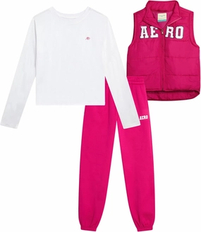 AEROPOSTALE Girls' Jogger Set - 3 Piece Girls Long Sleeve Shirt, Puffer Vest and Jogger Pants with Applique Patches (4-12)