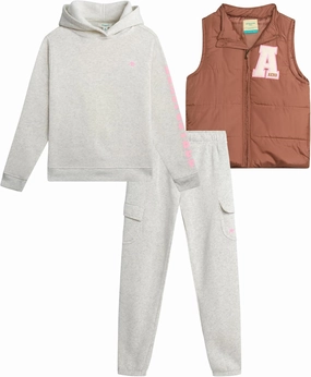 AEROPOSTALE Girls' Legging Set - 3 Piece Long Sleeve Shirt, Cargo Puffer Vest, and Flare Leggings with Applique Patches 4-12