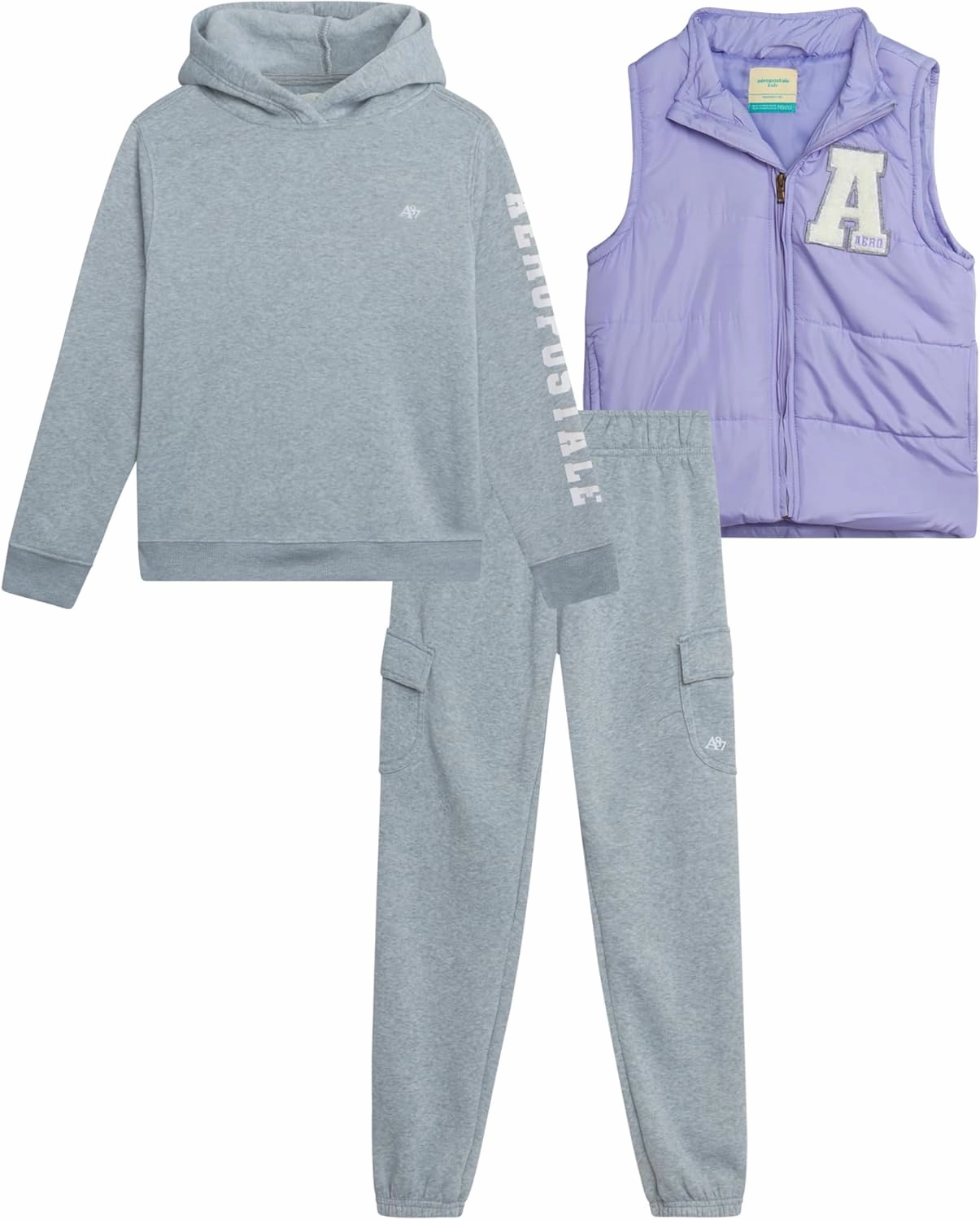 AEROPOSTALE Girls' Legging Set - 3 Piece Long Sleeve Shirt, Cargo Puffer Vest, and Flare Leggings with Applique Patches 4-12
