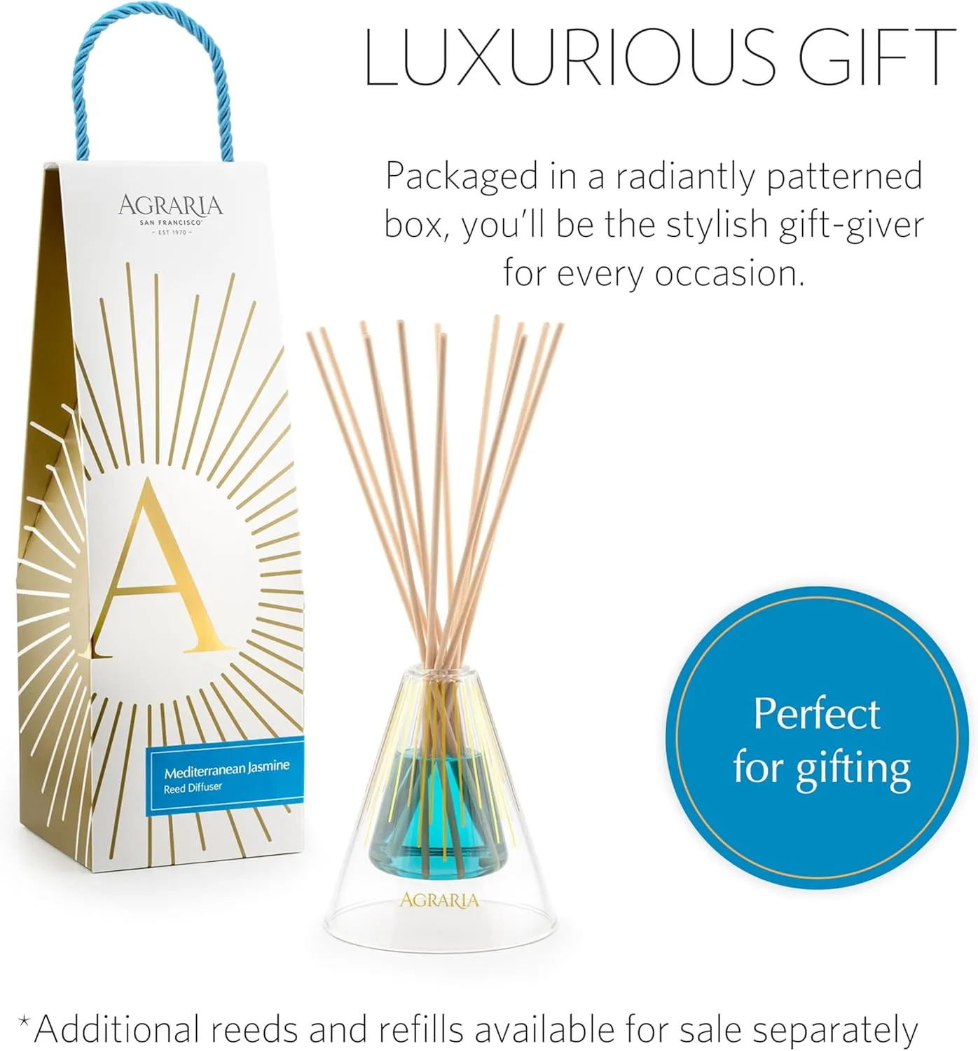 Agraria Mediterranean Jasmine Reed Diffuser Set, 12 Reeds Essential Oil Sticks, Scent Diffusers for Home Fragrance, Scented Oil Diffuser Gift Box