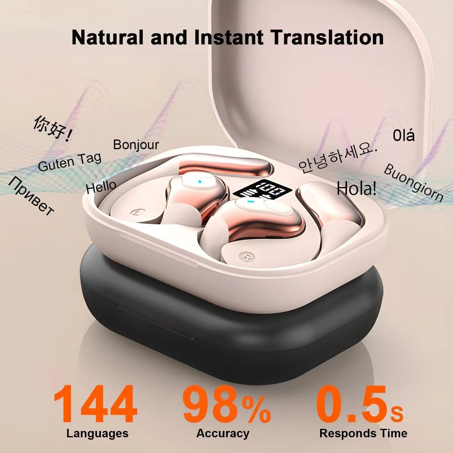 AI Language Translator Earbuds, 144 Languages Translation Earbuds Real Time, OWS Translating Earbuds Headphones Translation Device for iPhone and Android Travel Business Learning