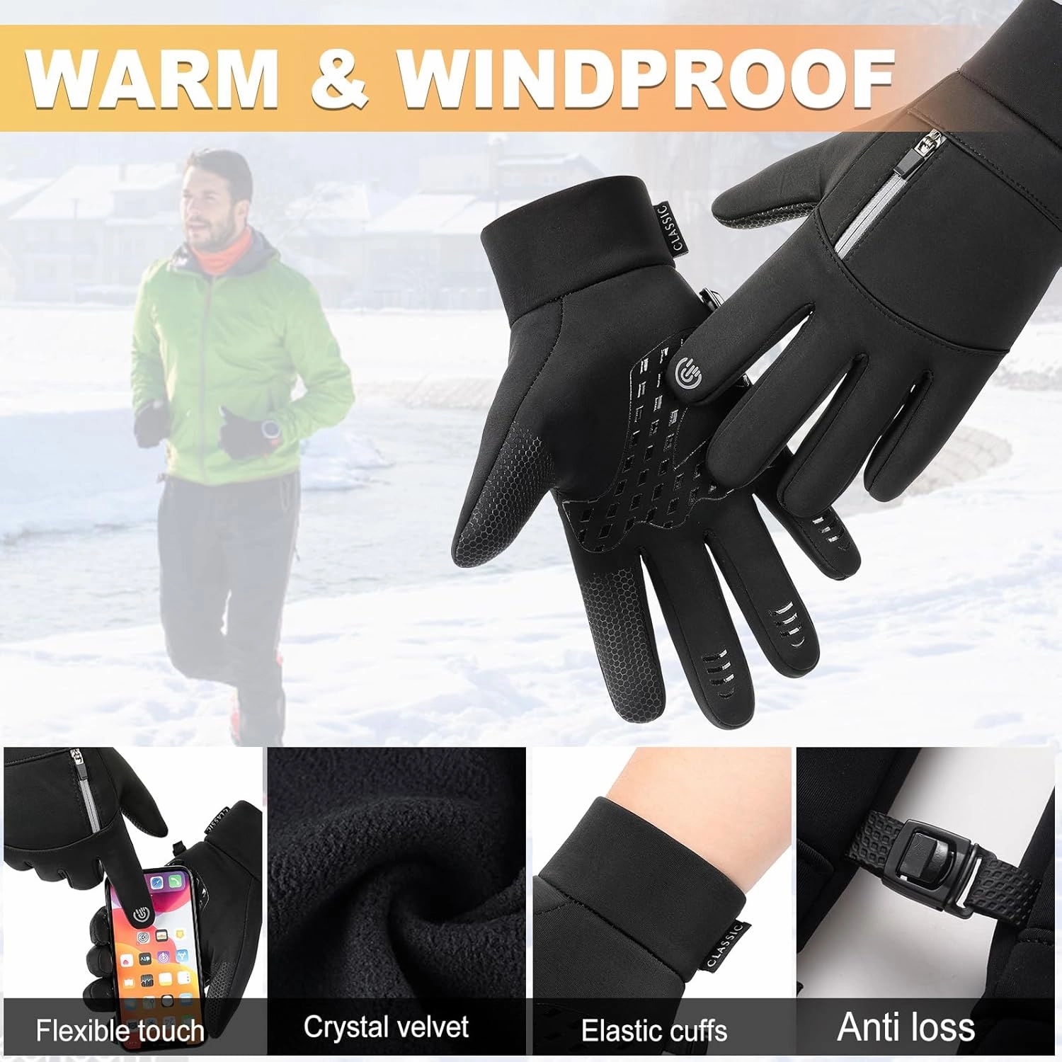 AIJIEKE Winter Gloves for Men, Cold Weather Gloves, Windproof Warm Gloves, Touch Screen Gloves, Waterproof Gloves for Work, Sports Running Gloves for Driving Fishing Cycling