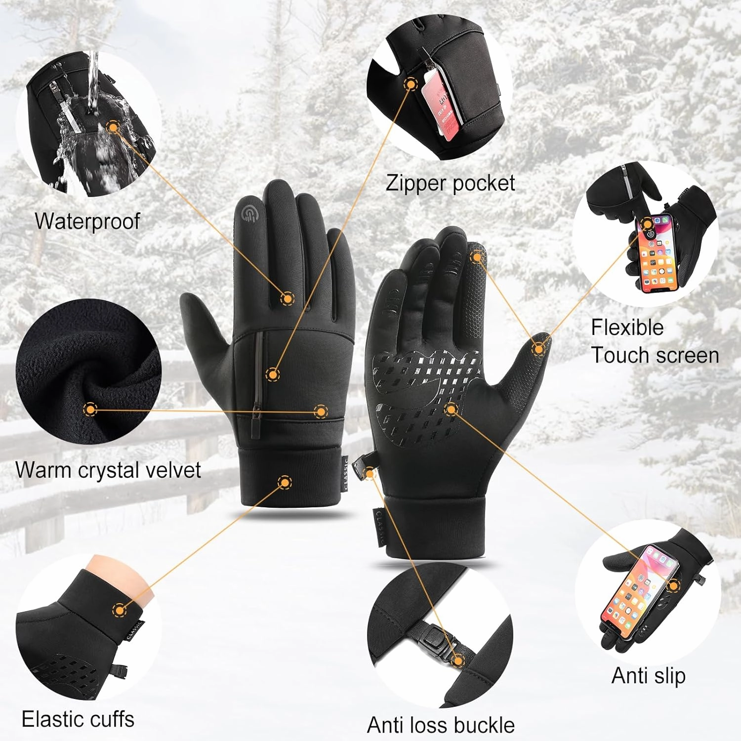 AIJIEKE Winter Gloves for Men, Cold Weather Gloves, Windproof Warm Gloves, Touch Screen Gloves, Waterproof Gloves for Work, Sports Running Gloves for Driving Fishing Cycling