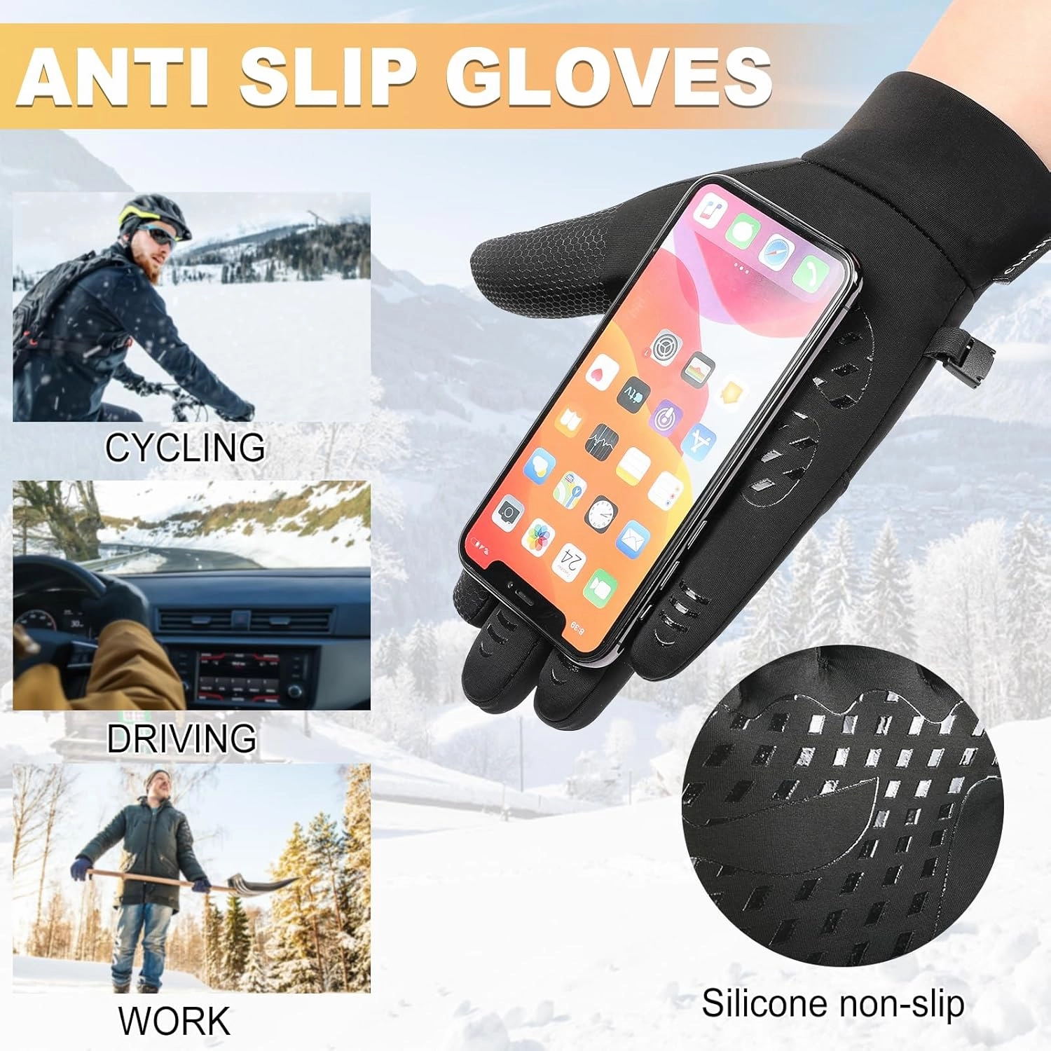 AIJIEKE Winter Gloves for Men, Cold Weather Gloves, Windproof Warm Gloves, Touch Screen Gloves, Waterproof Gloves for Work, Sports Running Gloves for Driving Fishing Cycling