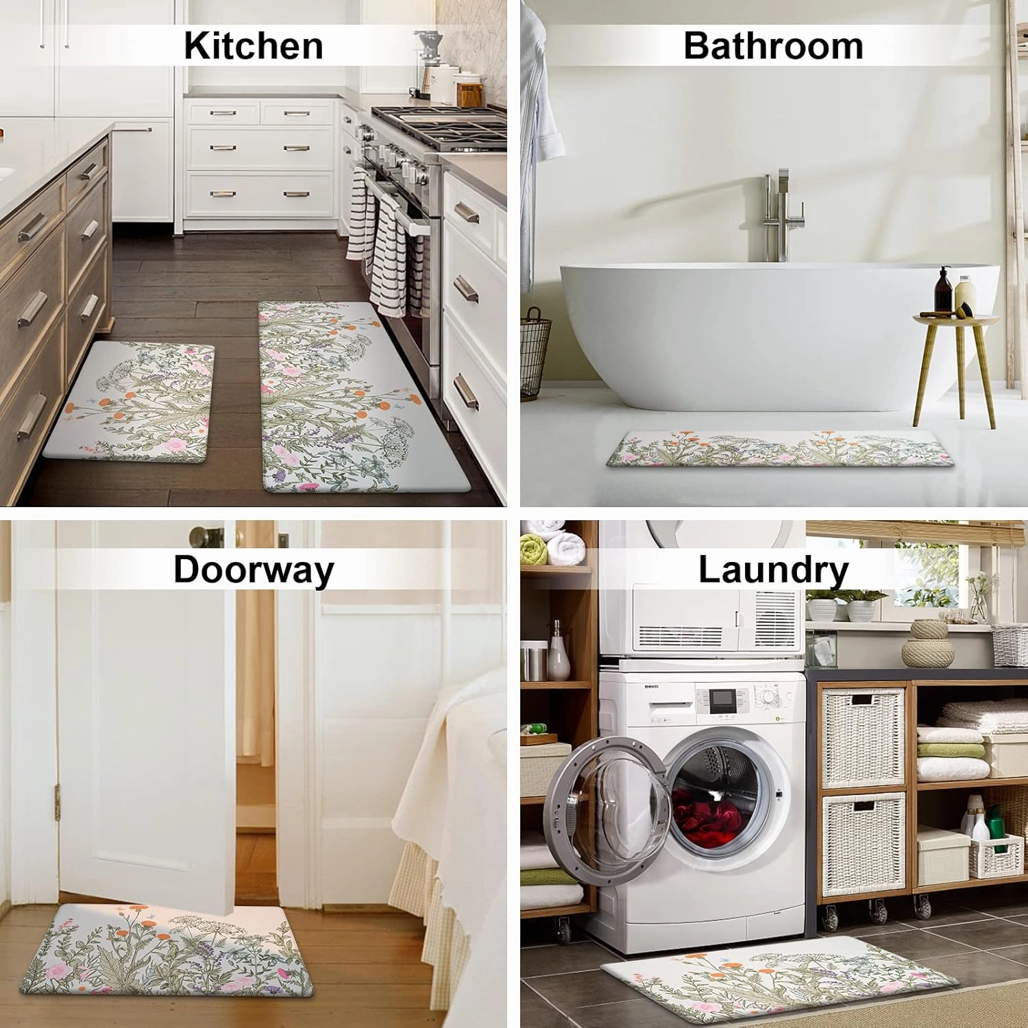 Alishomtll 2 PCS Kitchen Rugs and Mats, Floral Cushioned Anti-Fatigue Kitchen Rugs, Waterproof Non-Slip Washable Flowers Kitchen Mats for Kitchen Floor Laundry Office (17.3"x30" 17.3"x47")