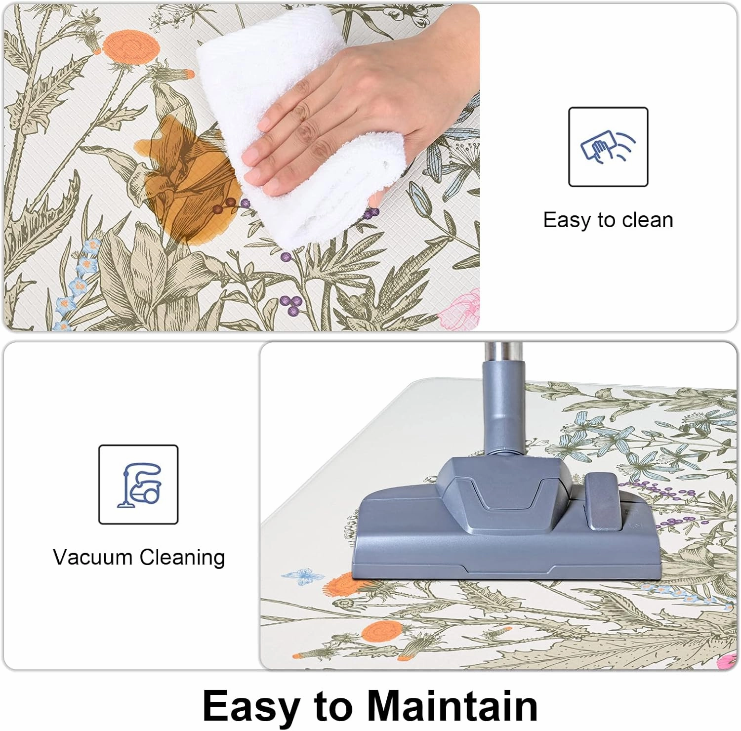 Alishomtll 2 PCS Kitchen Rugs and Mats, Floral Cushioned Anti-Fatigue Kitchen Rugs, Waterproof Non-Slip Washable Flowers Kitchen Mats for Kitchen Floor Laundry Office (17.3"x30" 17.3"x47")
