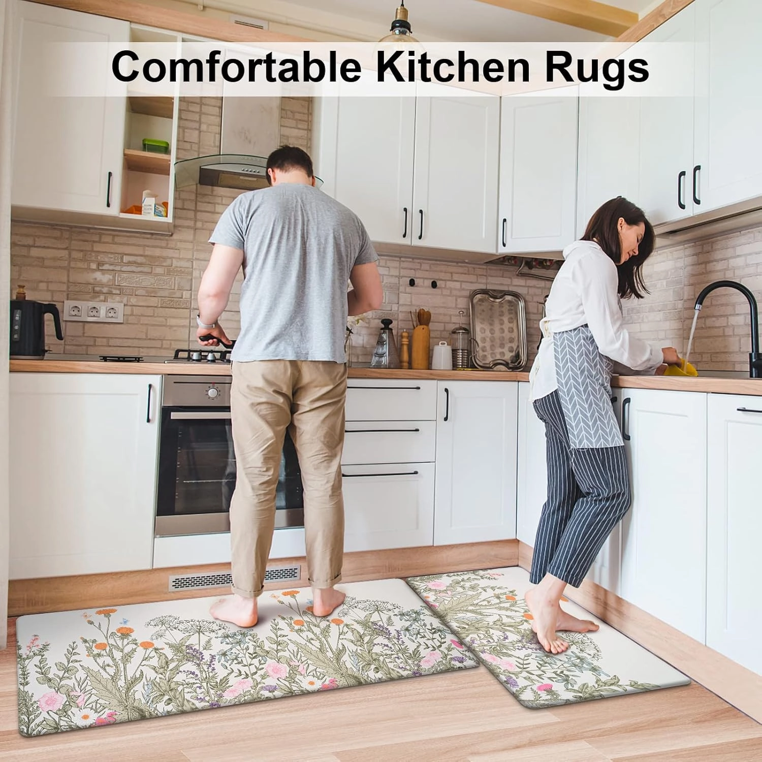 Alishomtll 2 PCS Kitchen Rugs and Mats, Floral Cushioned Anti-Fatigue Kitchen Rugs, Waterproof Non-Slip Washable Flowers Kitchen Mats for Kitchen Floor Laundry Office (17.3"x30" 17.3"x47")