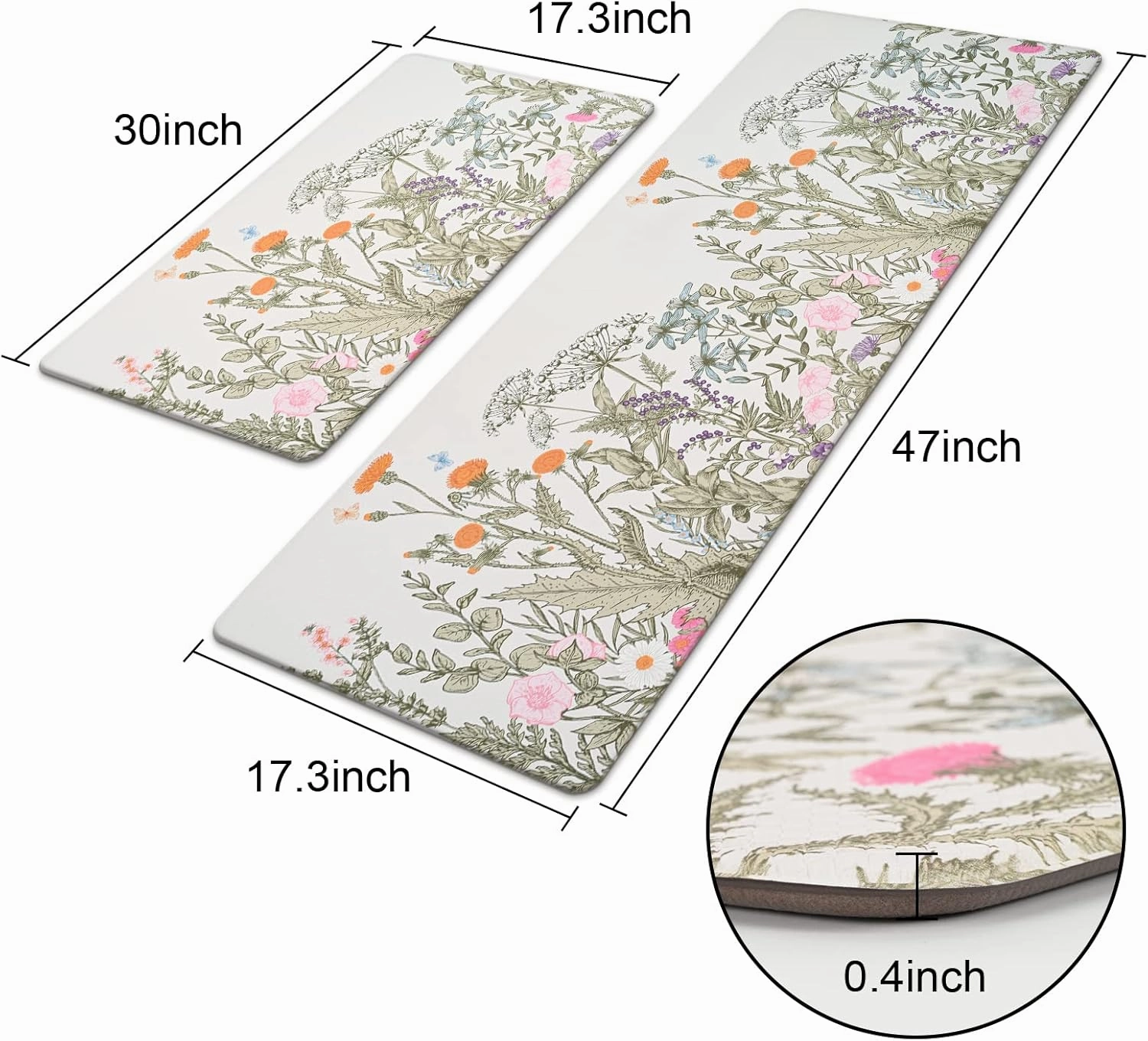 Alishomtll 2 PCS Kitchen Rugs and Mats, Floral Cushioned Anti-Fatigue Kitchen Rugs, Waterproof Non-Slip Washable Flowers Kitchen Mats for Kitchen Floor Laundry Office (17.3"x30" 17.3"x47")