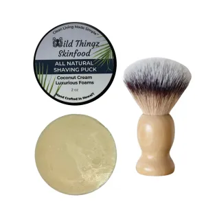 All Natural Plant-Based Shaving Puck and Brush Set, Shaving Cream Puck, Shaving Soap Bar, Cacao & Shea Butters, Coconut Cream, Long Lasting, Travel Friendly, Luxurious Foam, No Toxic Chemicals