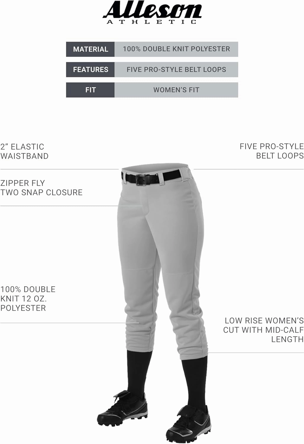 Alleson Athletic Women's Fastpitch/Softball Belt Loop Pant – Stretch Fabric, Moisture-Wicking, and Pro-Style Fit