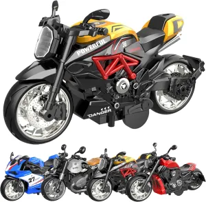 Alloy Metal Diecast Motorcycle Model Toy Set, 4 Pack of 1:12 Scale Die-Cast Motorcycles, Pull Back Function Toy Moto Bike for Kids Boys Girls and Collectors Ages 3 and up