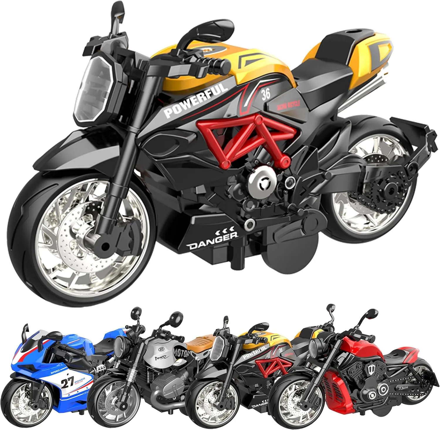 Alloy Metal Diecast Motorcycle Model Toy Set, 4 Pack of 1:12 Scale Die-Cast Motorcycles, Pull Back Function Toy Moto Bike for Kids Boys Girls and Collectors Ages 3 and up